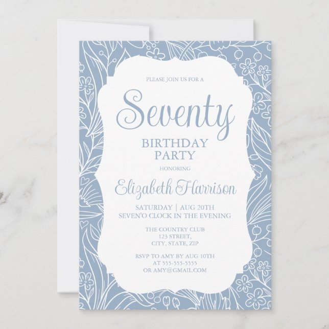 Blue Gray Flora Woman Seventy 70th Birthday Party Invitation (Front)