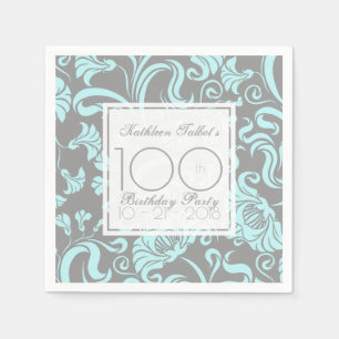 Blue Gray Floral 100th Birthday Party Paper Napkin