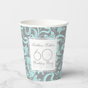 Blue Gray Floral 60th Birthday Party Paper Cup
