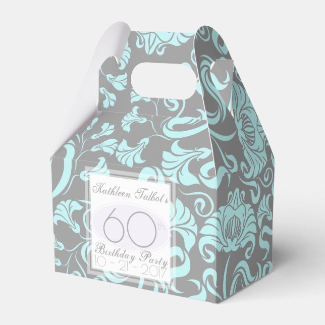Blue Gray Floral 60th Birthday Thank You Favor Box (Front Side)