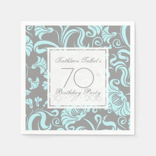 Blue Gray Floral 70th Birthday Party Paper Napkin