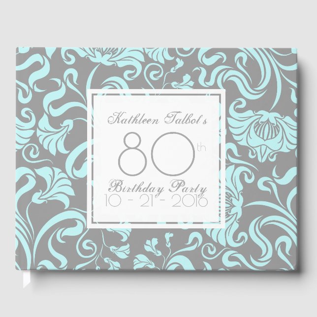 Blue Gray Floral 80th Birthday Party Guest Book (Front)