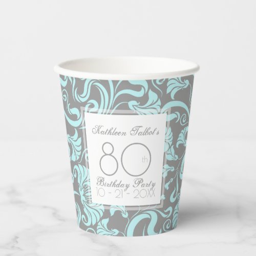 Blue Gray Floral 80th Birthday Party Paper Cup