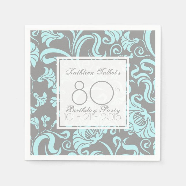 Blue Gray Floral 80th Birthday Party Paper Napkin (Front)