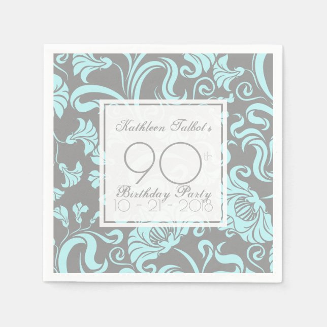 Blue Gray Floral 90th Birthday Party Paper Napkin (Front)
