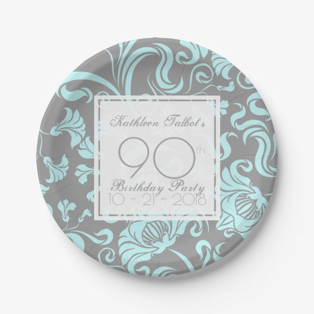 Blue Gray Floral 90th Birthday Party Paper Plate (Front)