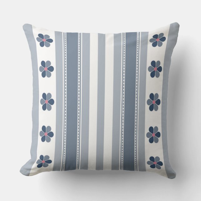 Blue Gray Floral and Stripes Throw Pillow (Front)