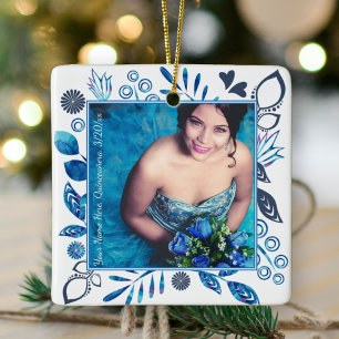 Blue, Gray Floral Border Christmas Photo Ornament