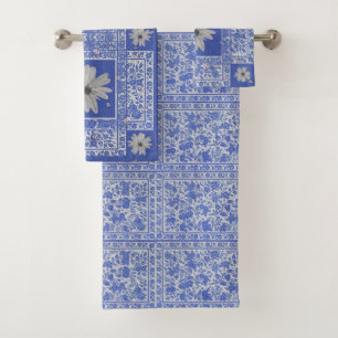 Blue Gray Floral Botanical Daisy Bath Towel Set