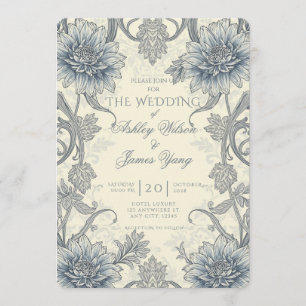 Blue Gray Floral Botanical Wedding Invitation