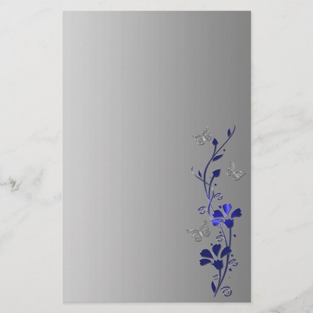 Blue, Gray Floral Butterflies Wedding Stationery (Front)