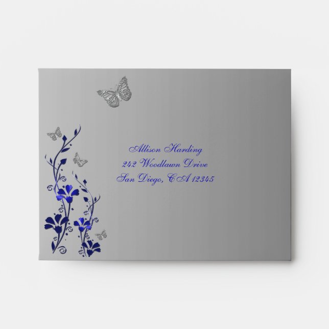 Blue, Gray Floral Butterfly A2 Envelope for RSVP (Front)