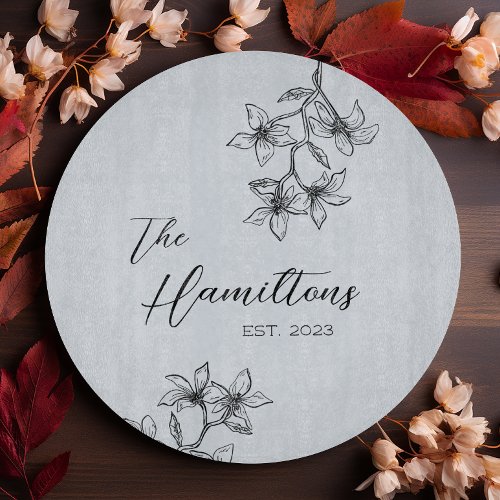 Blue Gray Floral Custom Established Year Cutting Board