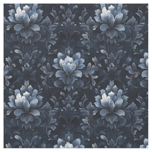 Blue-Gray Floral Damask on Black Fabric