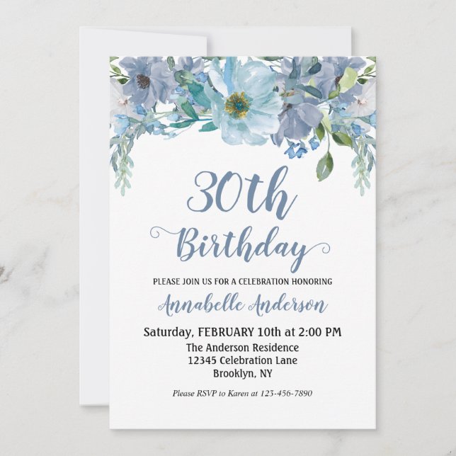 Blue Gray Floral Garden Watercolor Script Birthday Invitation (Front)