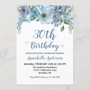 Blue Gray Floral Garden Watercolor Script Birthday Invitation