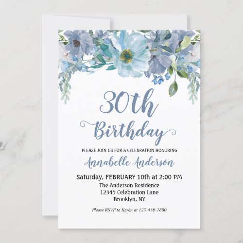 Blue Gray Floral Garden Watercolor Script Birthday Invitation