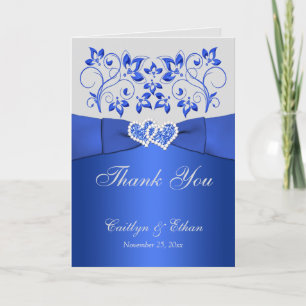 Blue, Gray Floral, Hearts Wedding Thank You Card