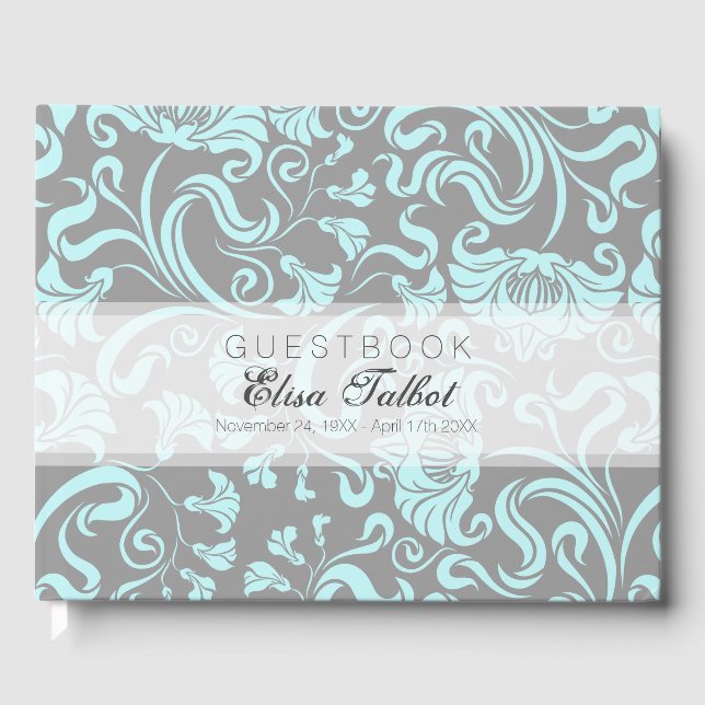 Blue Gray Floral Pattern Damask Funeral Guest Book (Front)