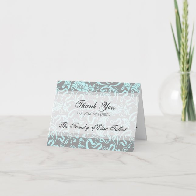 Blue Gray Floral Pattern Sympathy Thank You N card (Front)