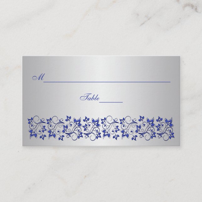 Blue, Gray Floral Place Card (Front)