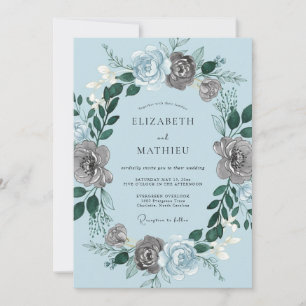 Blue Gray Floral Romantic Wedding Invitation