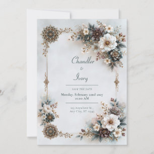 Blue Gray Floral Wedding Invitation