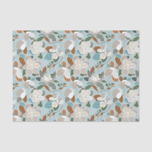Blue Gray Floral Winter Magnolia Tissue Paper (Front)