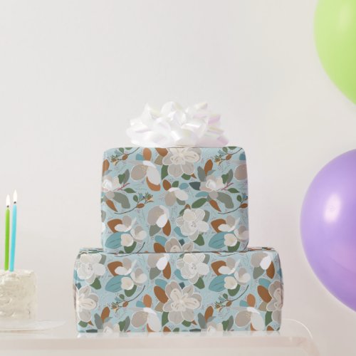 Blue Gray Floral Winter Magnolia Wrapping Paper