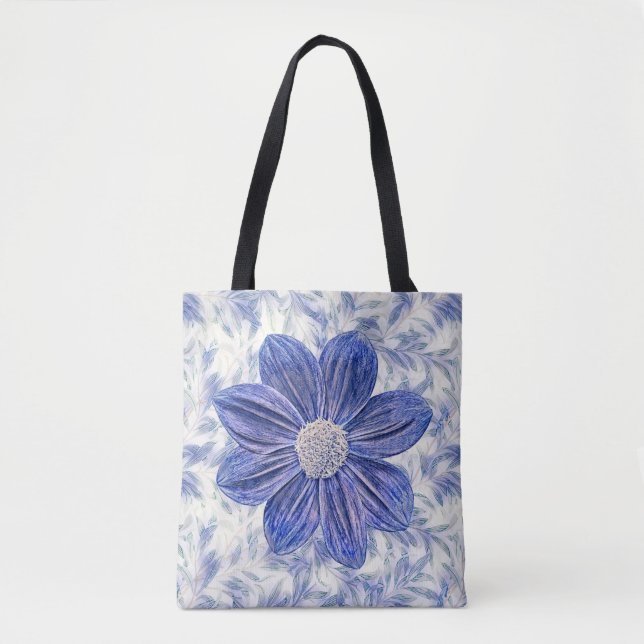 Blue Gray Flower Art Vintage Pattern Tote Bag (Front)
