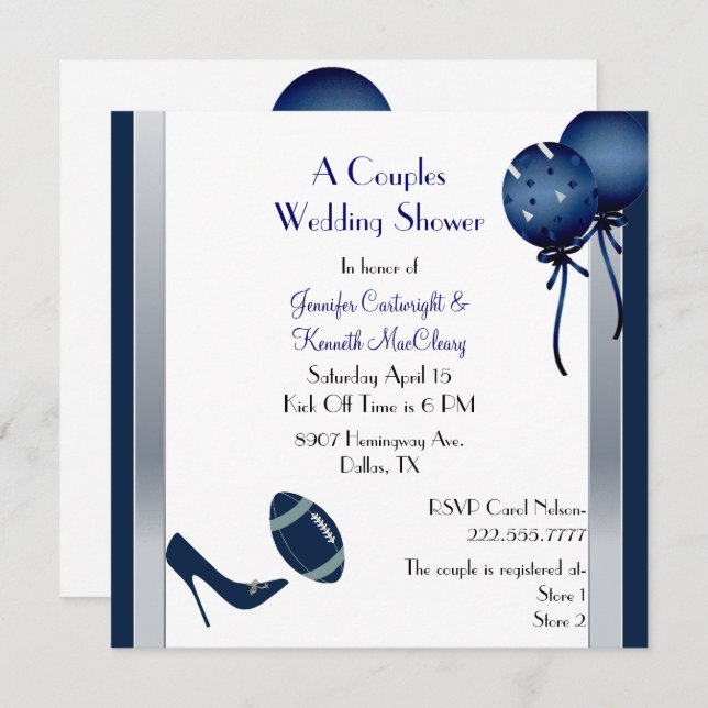 Blue &  Gray Football Couples Wedding Shower Invitation (Front/Back)