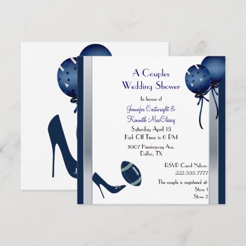 Blue &amp;  Gray Football Couples Wedding Shower Custom Invite