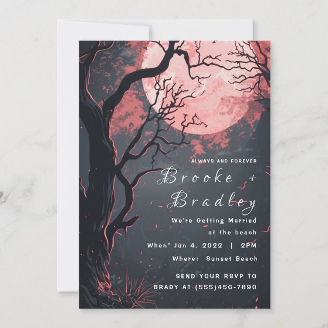 Blue‑Gray Forest & Pink Moon Gothic Wedding Invitation (Front)