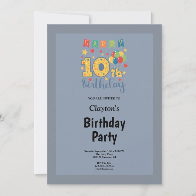 Blue/Gray Framed 10th Birthday Party Invitation (Front)