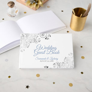 Blue & Gray Frilly Filigree Elegant Wedding Guest Book