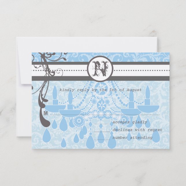 Blue & Gray Funky Swirls Wedding RSVP Card (Back)