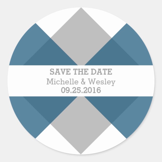 Blue Gray Geometric Triad Save the Date Stickers (Front)