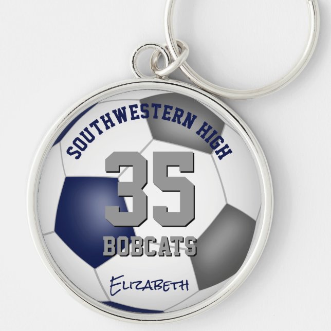 blue gray girls boys jersey number name soccer keychain (Front)