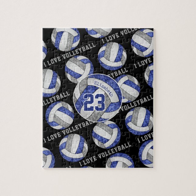 blue gray girls I love volleyball personalized Jigsaw Puzzle (Vertical)