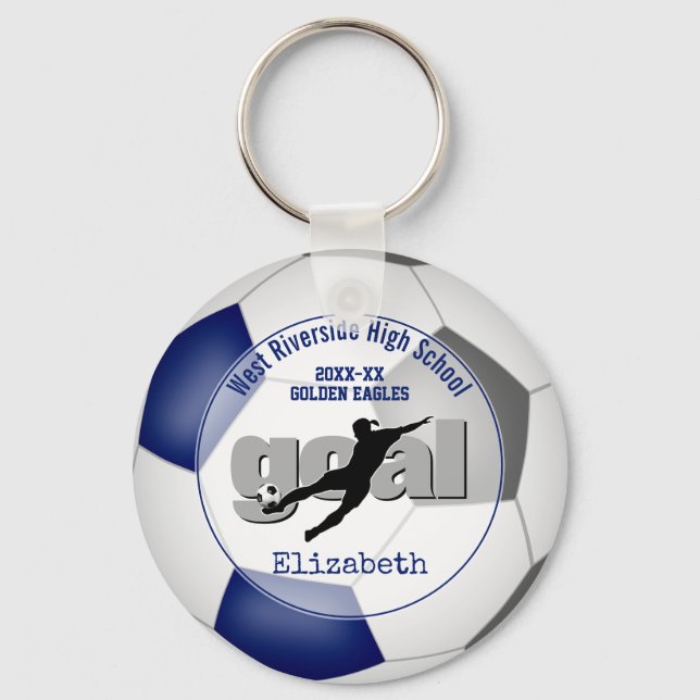 blue gray girls soccer goal team spirit sports keychain (Front)