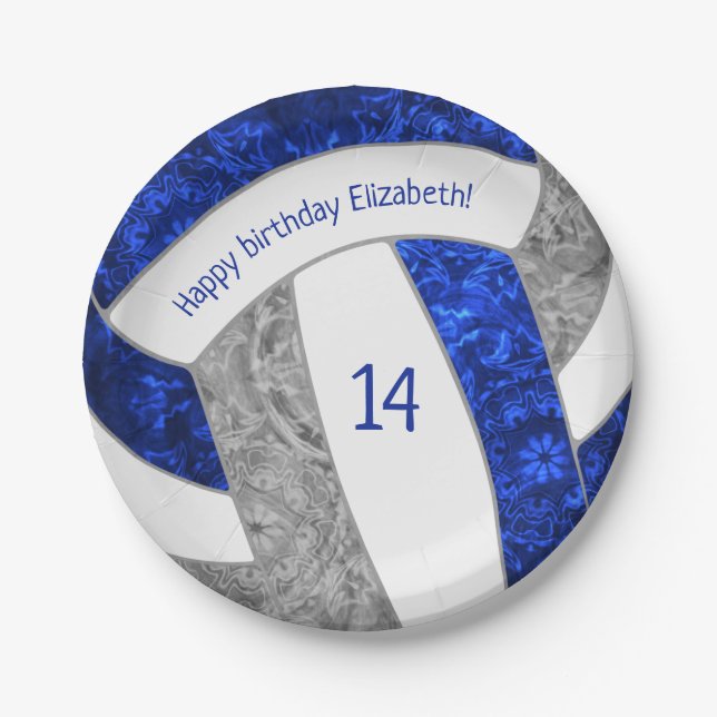blue gray girly volleyball birthday party paper plates (Front)