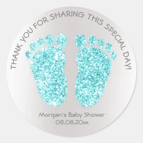 Blue Gray Glitter Feet Baby Shower Favor Thank Classic Round Sticker