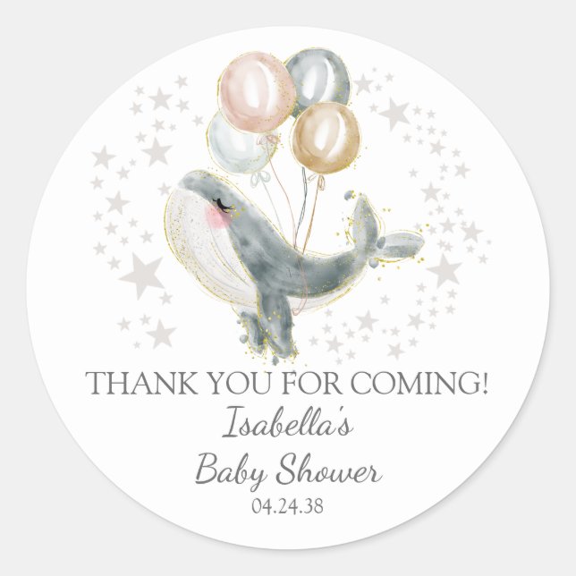 Blue Gray Gold Cute Whale Baby Shower Classic Round Sticker (Front)