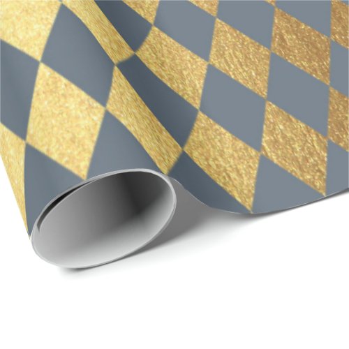 Blue Gray Gold Geometry Chessboard Diamond Cut Wrapping Paper