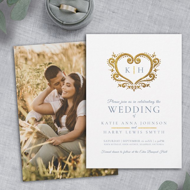 Blue gray gold heart monogram wedding photo invitation (Creator Uploaded)