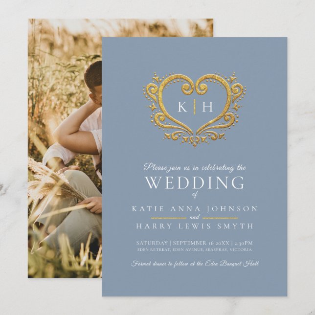 Blue gray gold heart monogram wedding photo invitation (Front/Back)