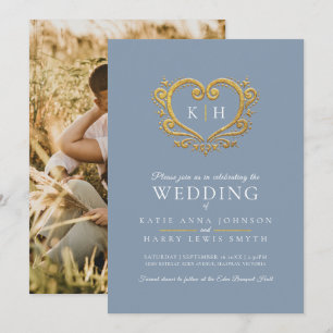 Blue gray gold heart monogram wedding photo invitation