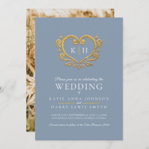 Blue gray gold heart monogram wedding photo invitation