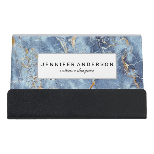 Blue Gray Gold Marble Pattern Personalized Desk Business Card Holder