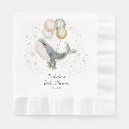 Blue Gray Gold Watercolor Cute Whale Baby Shower Napkins